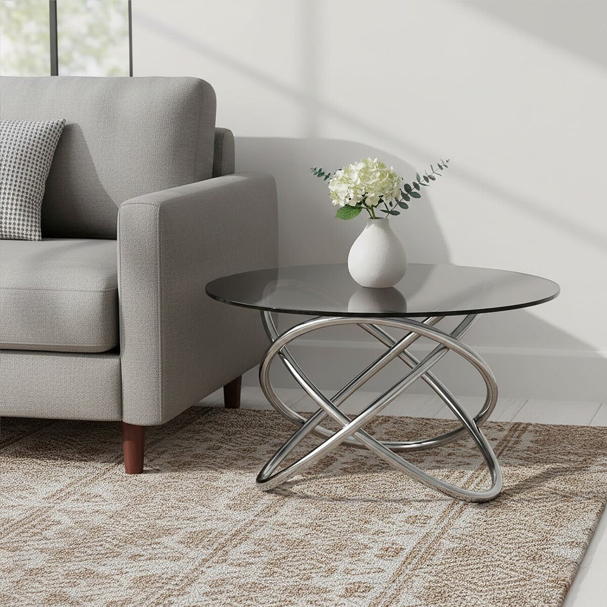 Smoked Glass Top & Silver Steel Frame Side Table, Cassy