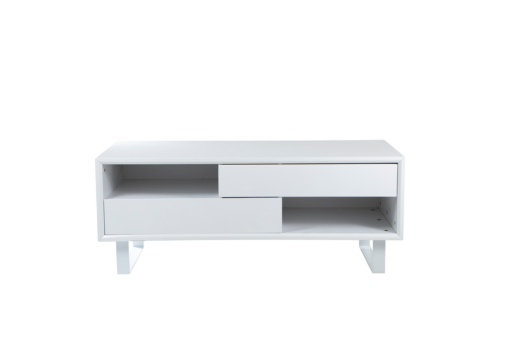 White High Gloss Coffee Table With 2 Drawers, 2 Open Shelves & White Metal Legs, Moritz