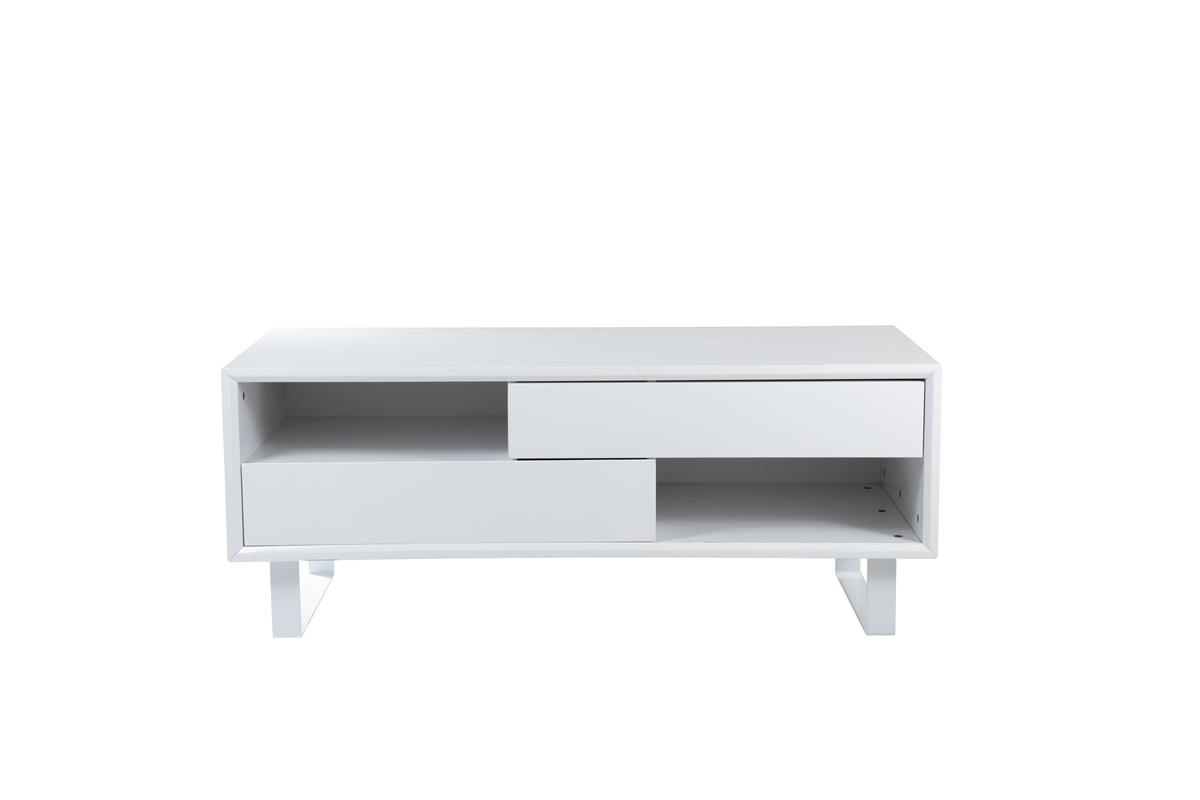 White High Gloss Coffee Table With 2 Drawers, 2 Open Shelves & White Metal Legs, Moritz
