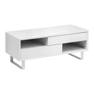 White High Gloss Coffee Table With 2 Drawers, 2 Open Shelves & White Metal Legs, Moritz