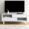 White High Gloss Coffee Table With 2 Drawers, 2 Open Shelves & White Metal Legs, Moritz