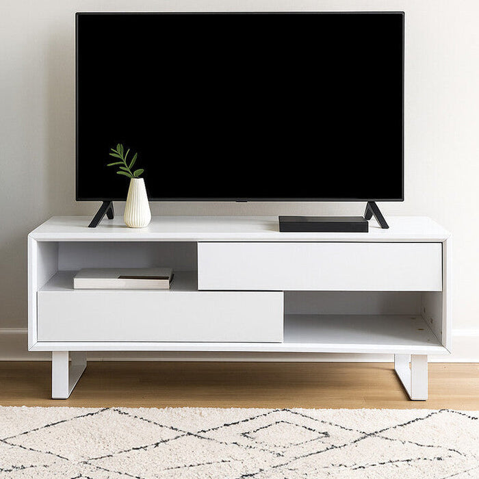 White High Gloss Coffee Table With 2 Drawers, 2 Open Shelves & White Metal Legs, Moritz