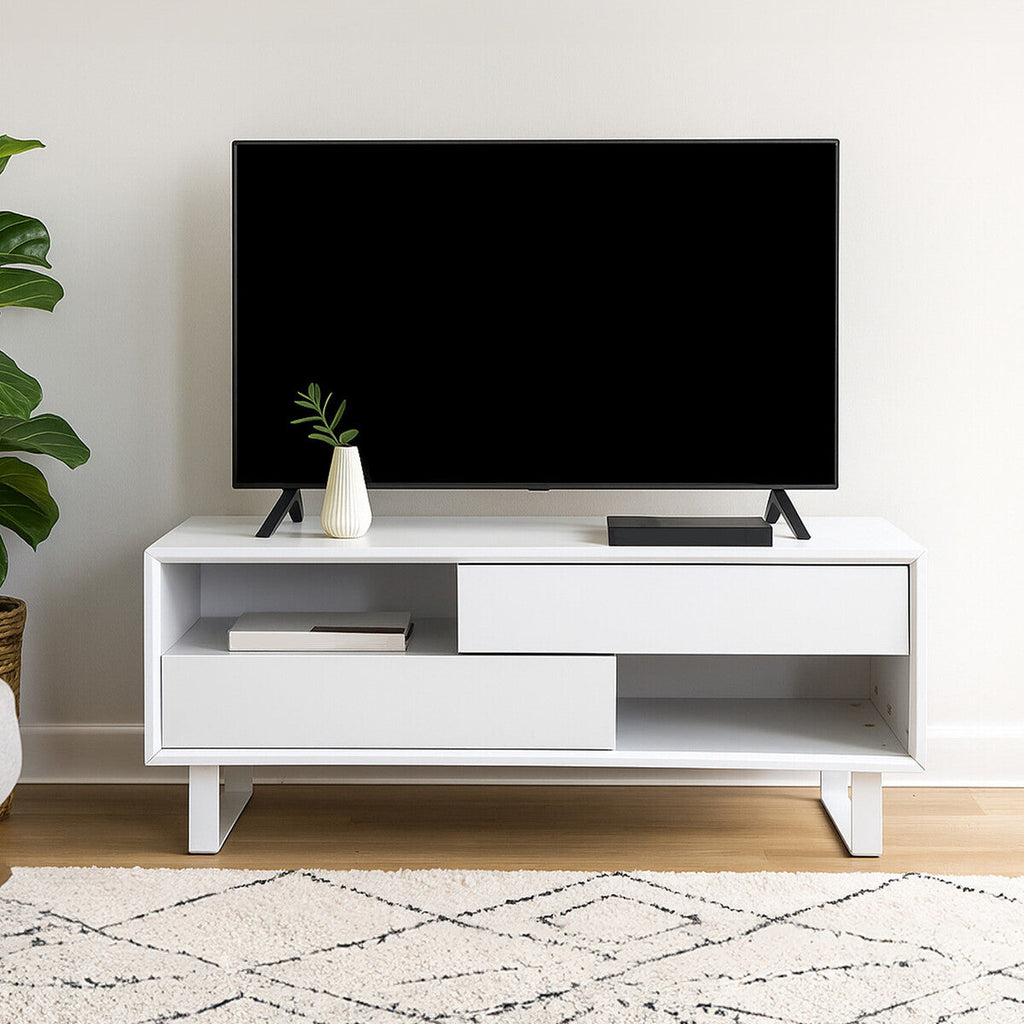 White High Gloss Coffee Table With 2 Drawers, 2 Open Shelves & White Metal Legs, Moritz