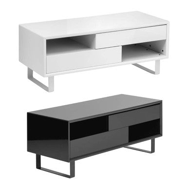 Black High Gloss Coffee Table With 2 Drawers, 2 Open Shelves & Black Metallic Legs, Moritz