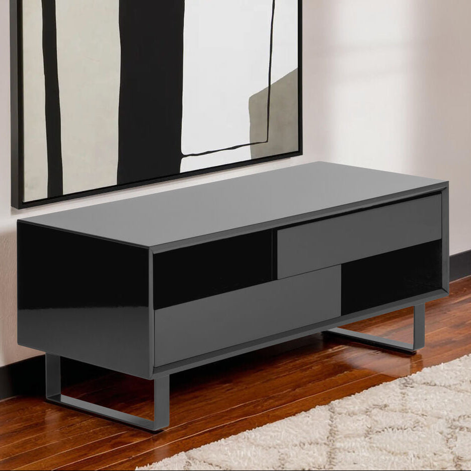 Black High Gloss Coffee Table With 2 Drawers, 2 Open Shelves & Black Metallic Legs, Moritz