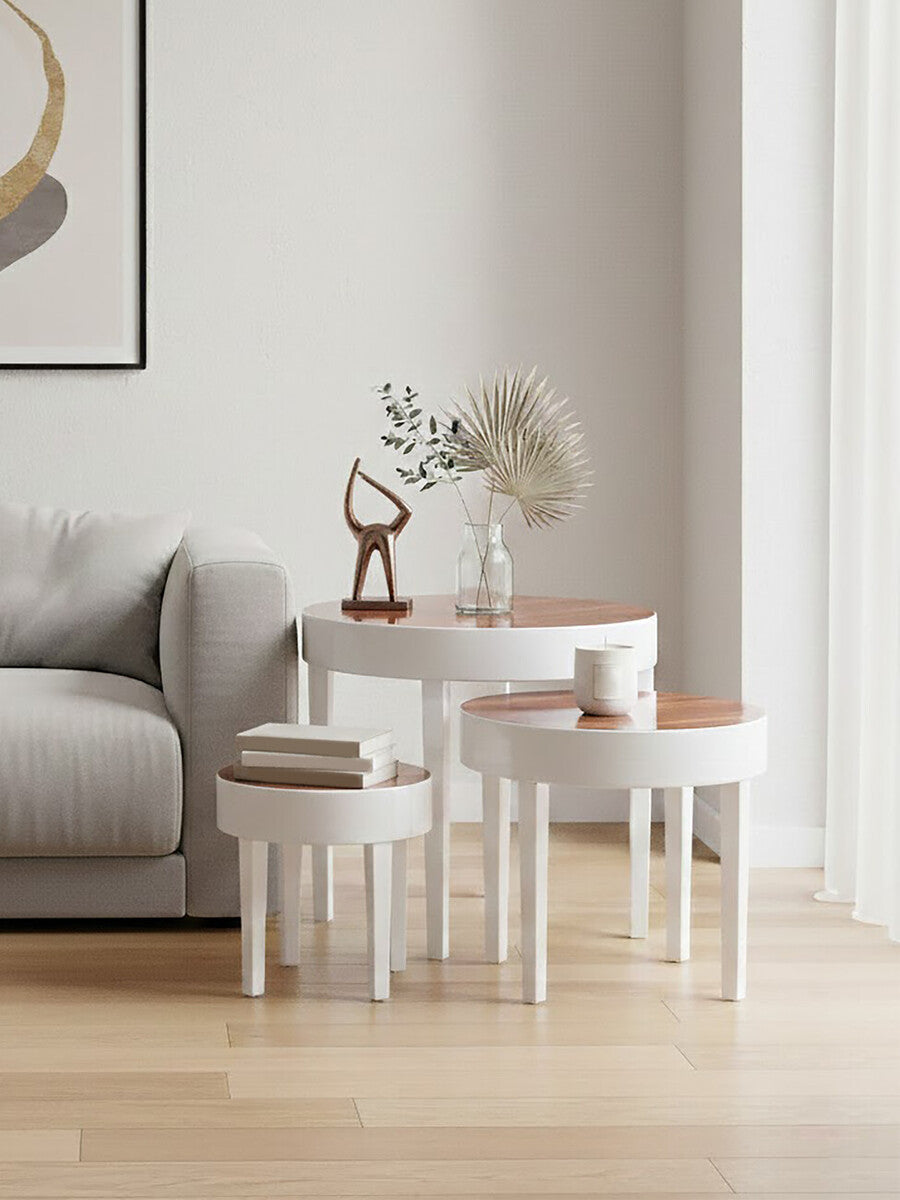 White High Gloss Wooden Frame Nest Of 3 Table With Pear Wood Top, Moritz