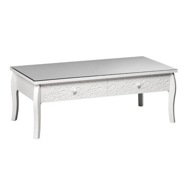 White Glass Top Coffee Table With 2 Drawers & Decorative Detailing, Chamonix