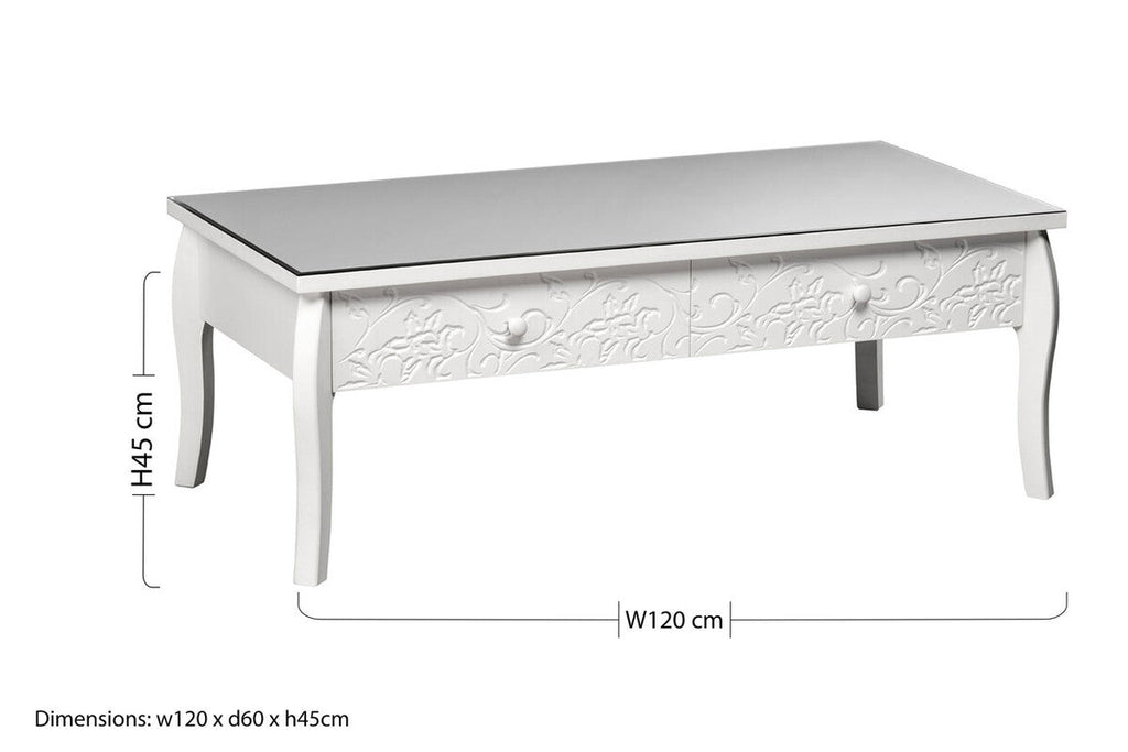 White Glass Top Coffee Table With 2 Drawers & Decorative Detailing, Chamonix