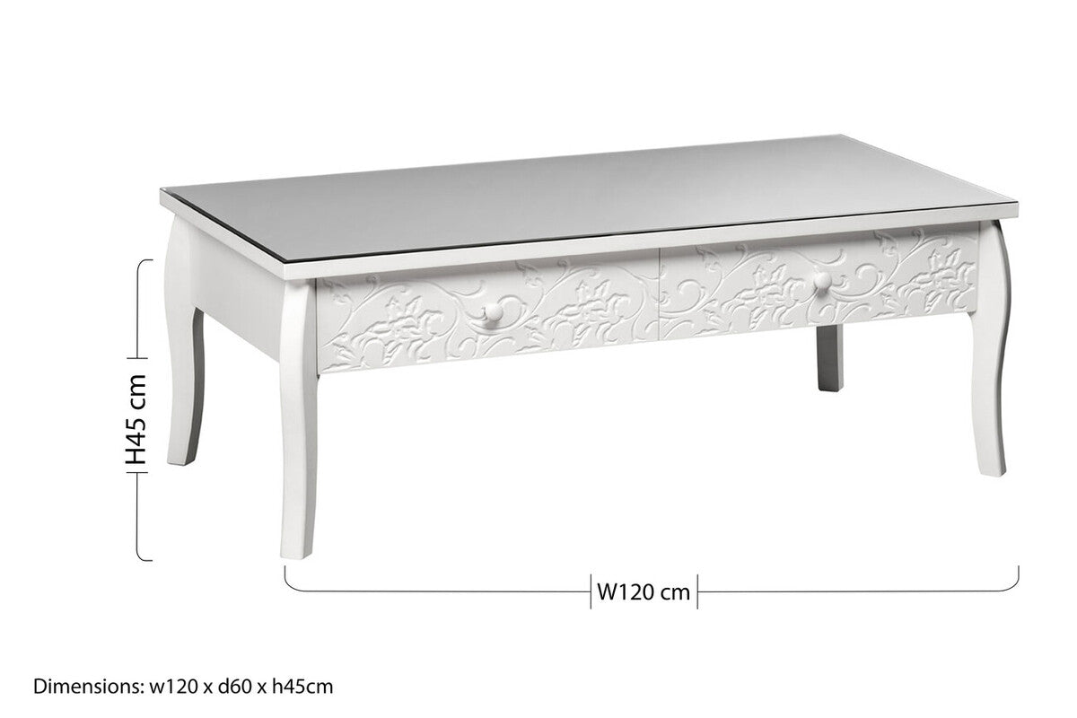 White Glass Top Coffee Table With 2 Drawers & Decorative Detailing, Chamonix