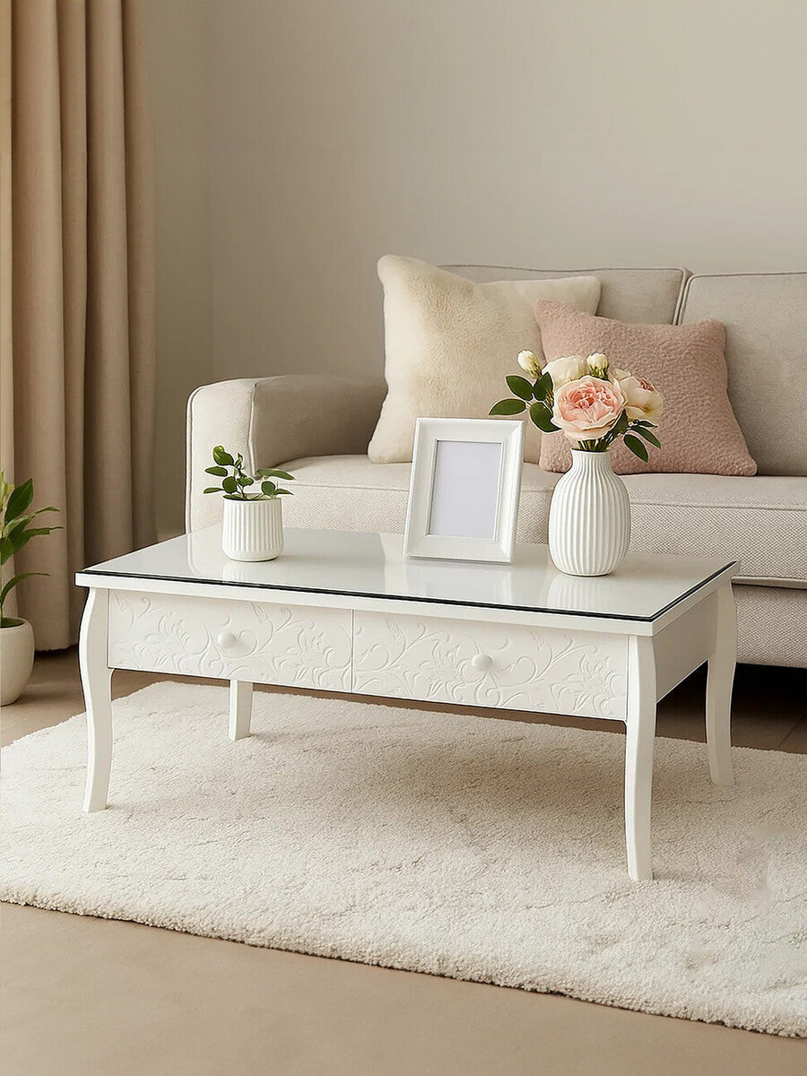White Glass Top Coffee Table With 2 Drawers & Decorative Detailing, Chamonix