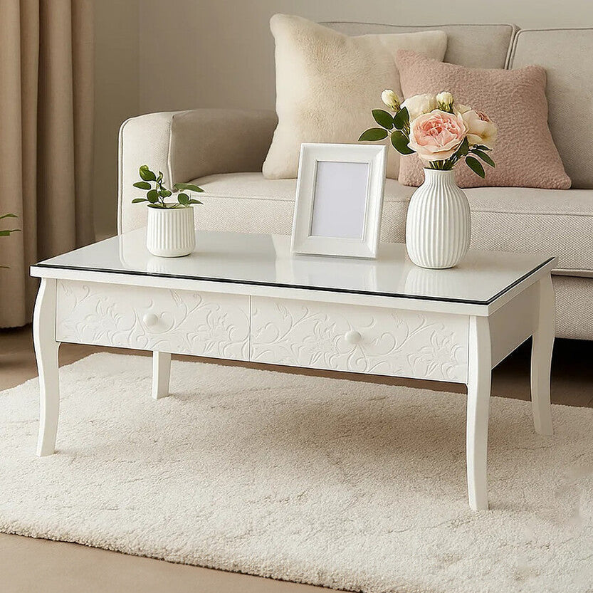 White Glass Top Coffee Table With 2 Drawers & Decorative Detailing, Chamonix