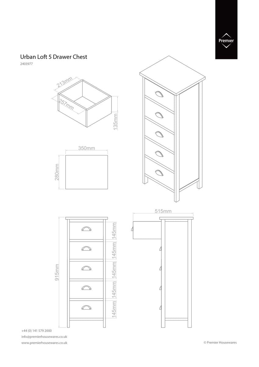 Urban Loft 5 Drawers Chest Pine White Industrial