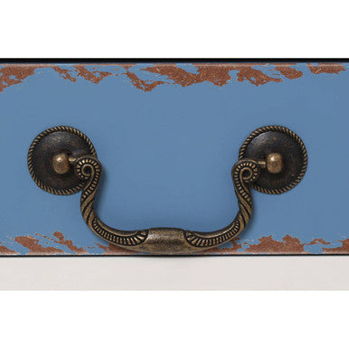 White & Blue Distressed Single Drawer Wooden Side Table With Metal Handle, Alchemy