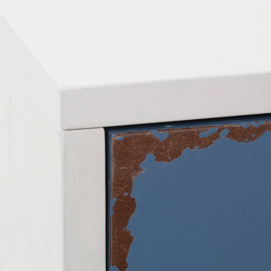 White & Blue Distressed Single Drawer Wooden Side Table With Metal Handle, Alchemy