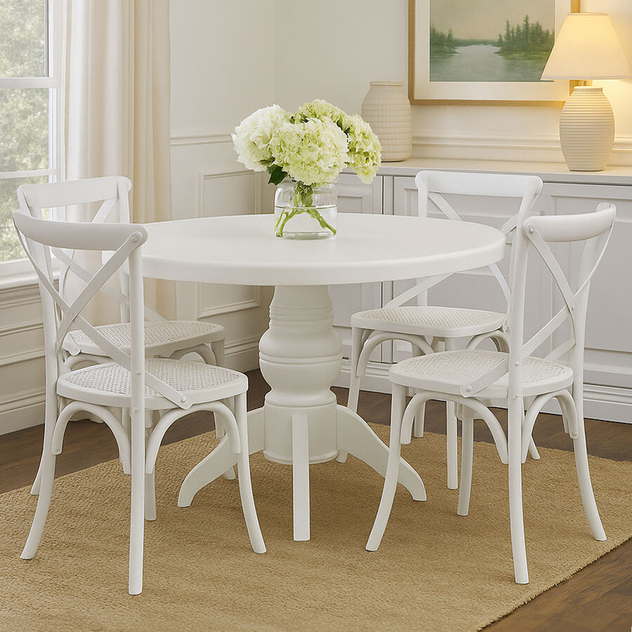 Vermont White Wash Round Dining Table With 4 Chairs Set