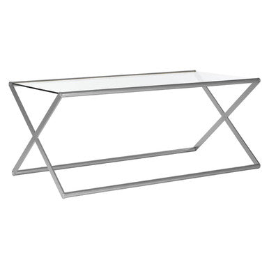 Rectangular Clear Tempered Glass Coffee Table With Satin Nickel Criss Cross Metal Frame, Roma