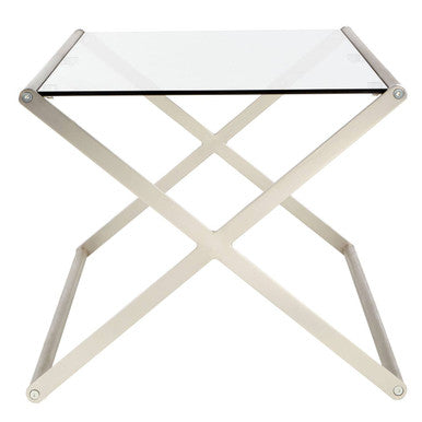 Rectangular Clear Tempered Glass Coffee Table With Satin Nickel Criss Cross Metal Frame, Roma