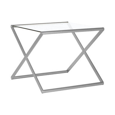 Rectangular Clear Tempered Glass Side Table With Satin Nickel Criss Cross Metal Frame, Roma