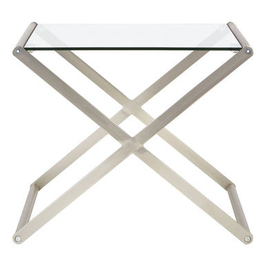 Rectangular Clear Tempered Glass Side Table With Satin Nickel Criss Cross Metal Frame, Roma