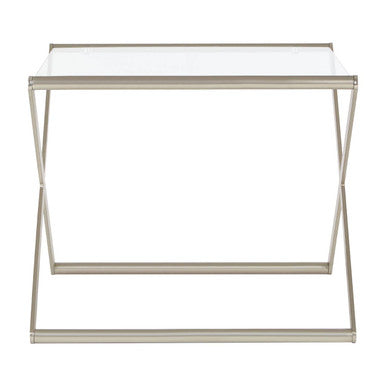 Rectangular Clear Tempered Glass Side Table With Satin Nickel Criss Cross Metal Frame, Roma