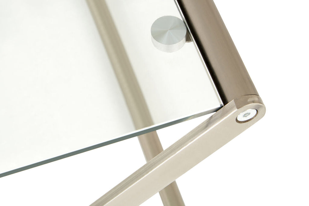 Rectangular Clear Tempered Glass Side Table With Satin Nickel Criss Cross Metal Frame, Roma