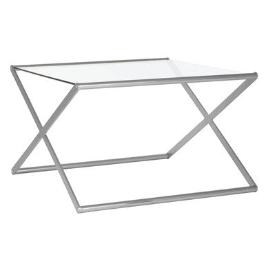 Tempered Glass Square Coffee Table With Criss Cross Satin Nickel Base, Roma