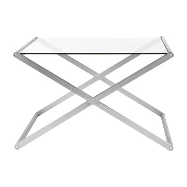 Tempered Glass Square Coffee Table With Criss Cross Satin Nickel Base, Roma