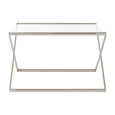 Tempered Glass Square Coffee Table With Criss Cross Satin Nickel Base, Roma