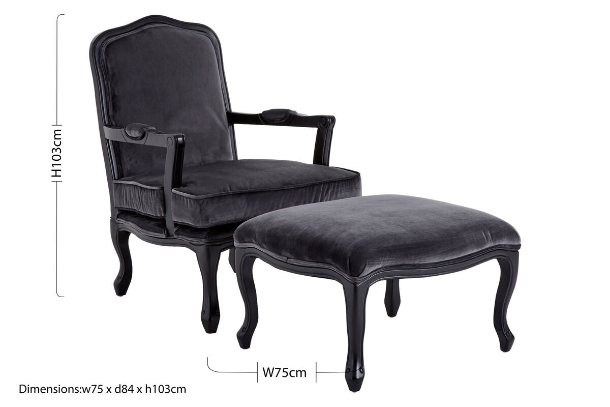 Rococo Grey Velvet Chair & Footstool