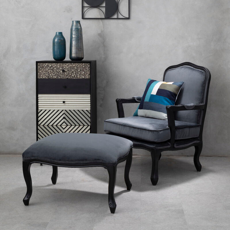 Rococo Grey Velvet Chair & Footstool