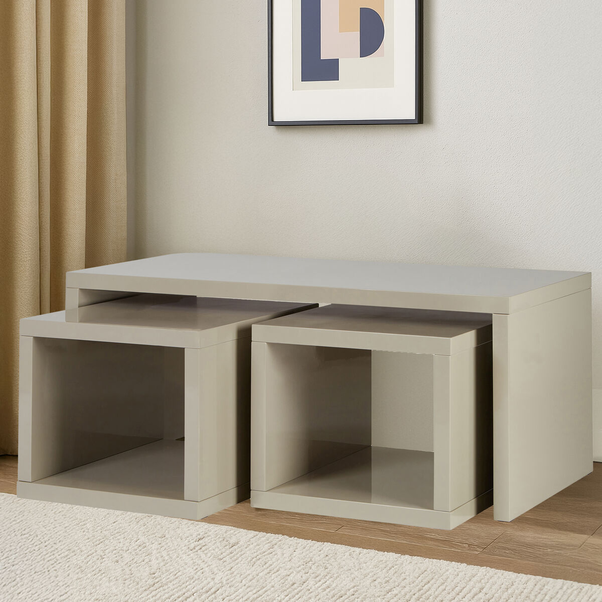 Grey Wood Coffee Table With 2 Under Tables, Madrid