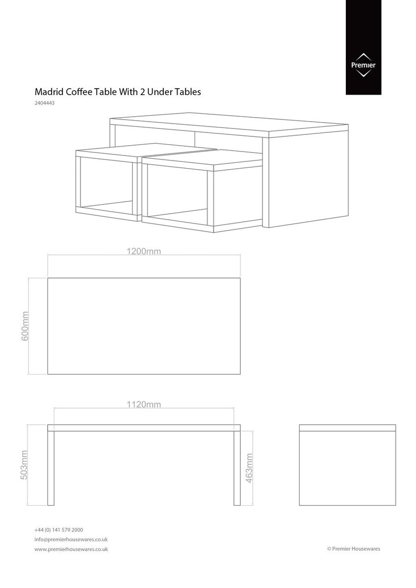 Dark Grey High Gloss Wood Coffee Table With 2 Under Tables, Madrid