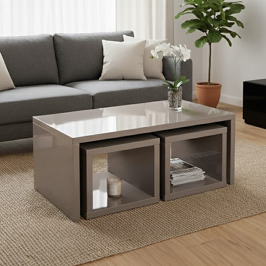 Dark Grey High Gloss Wood Coffee Table With 2 Under Tables, Madrid