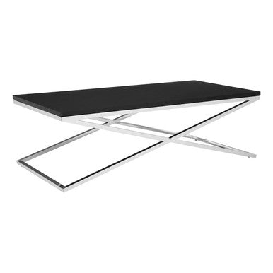 Black Coffee Table With Leather & Silver Crossed Steel Base, Tribute