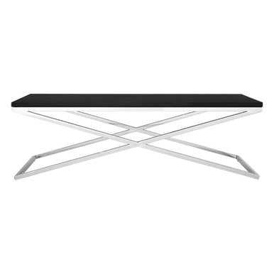 Black Coffee Table With Leather & Silver Crossed Steel Base, Tribute