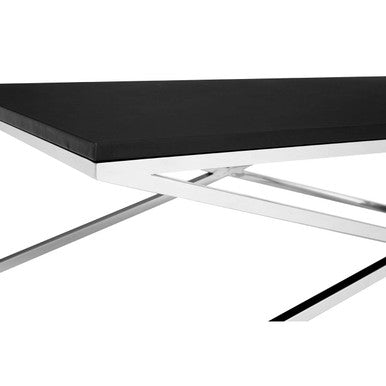 Black Coffee Table With Leather & Silver Crossed Steel Base, Tribute