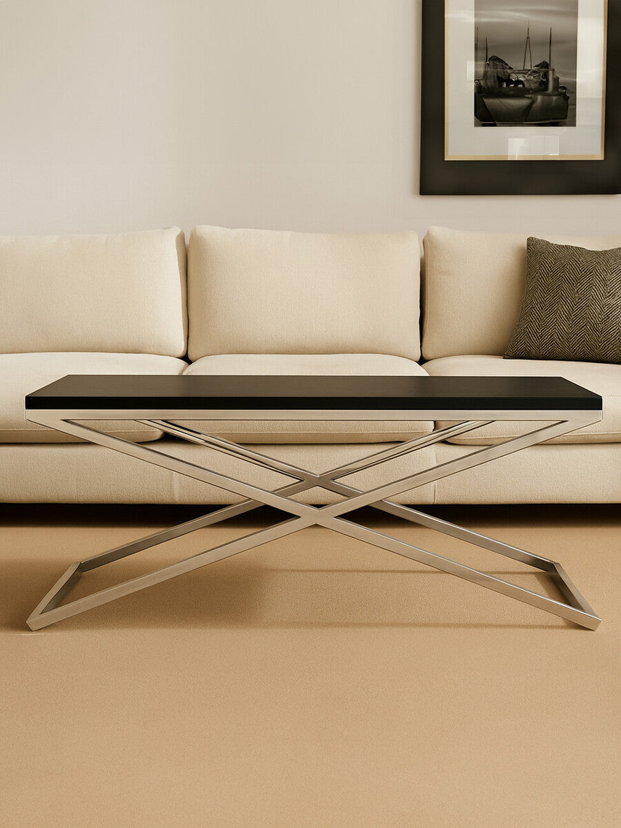 Black Coffee Table With Leather & Silver Crossed Steel Base, Tribute