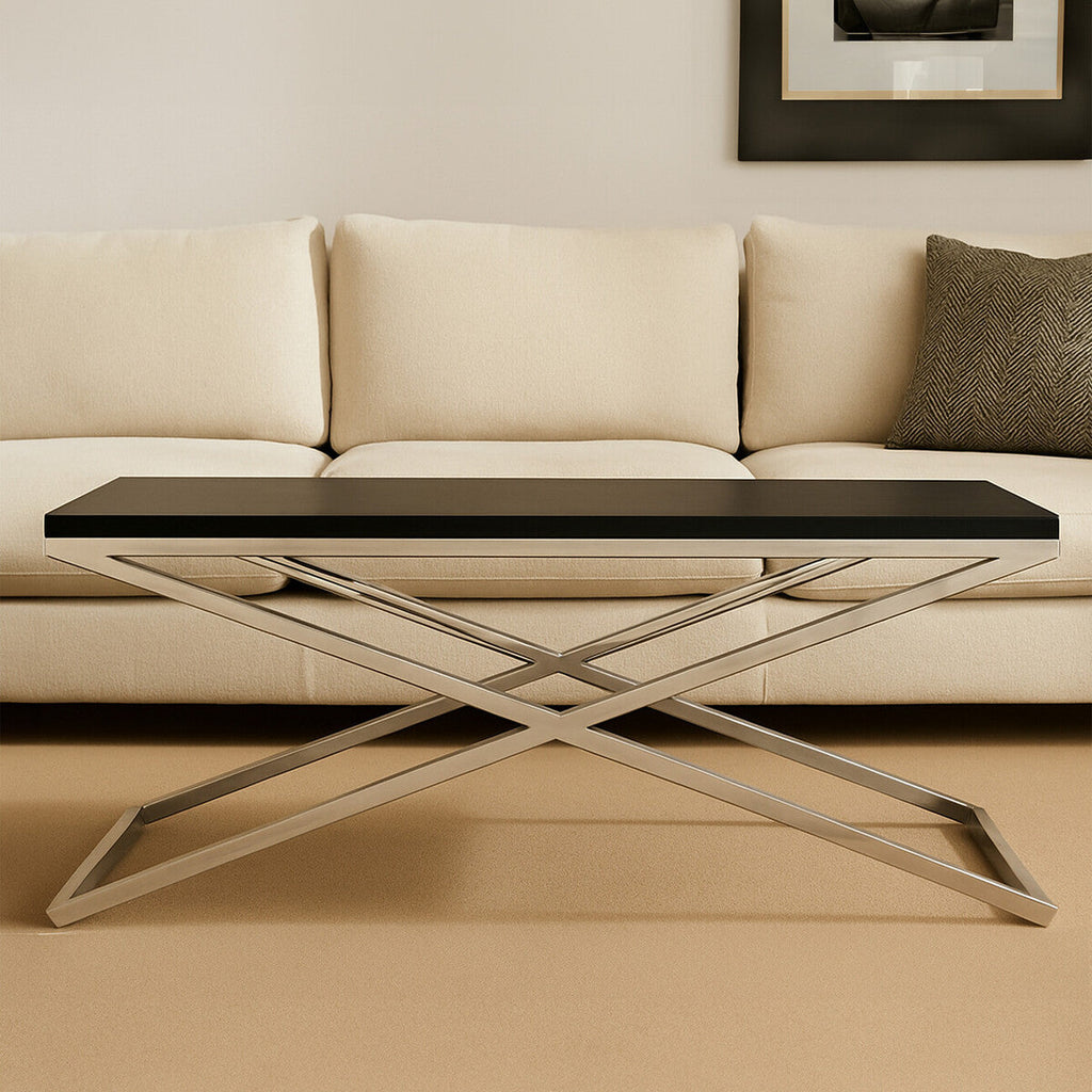 Black Coffee Table With Leather & Silver Crossed Steel Base, Tribute