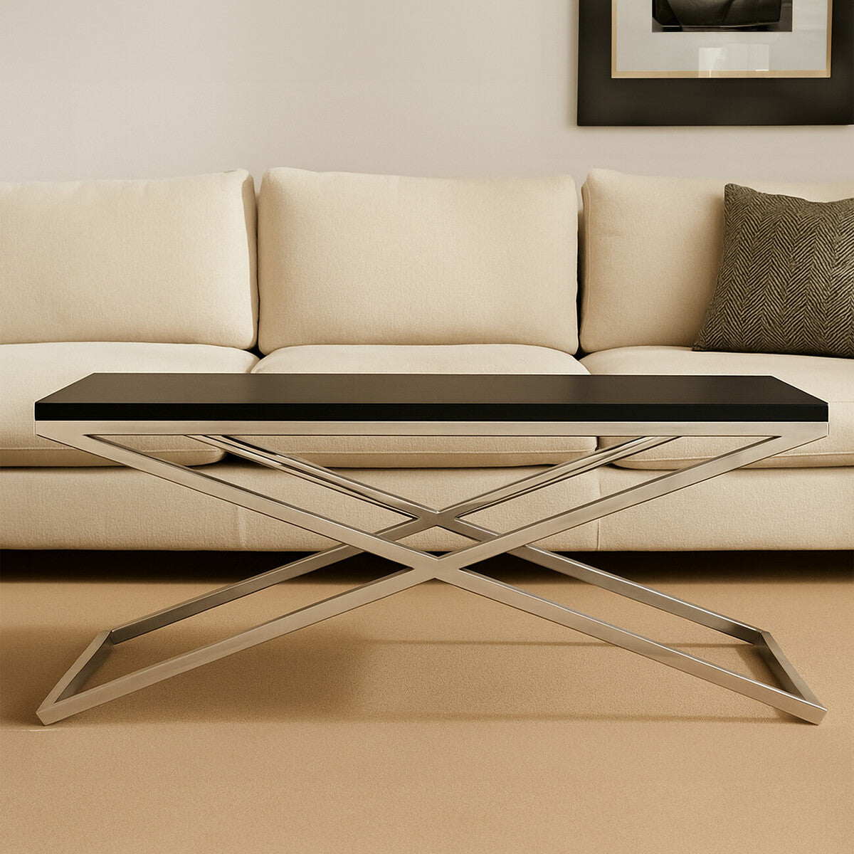 Black Coffee Table With Leather & Silver Crossed Steel Base, Tribute