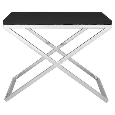 Black Leather Look End Table With Silver Stainless Steel Crisscross Legs, Tribute