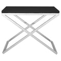 Black Leather Look End Table With Silver Stainless Steel Crisscross Legs, Tribute