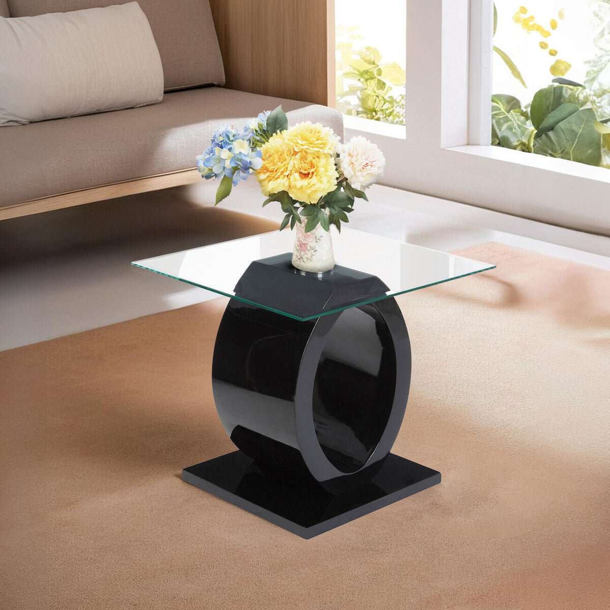 Tempered Glass Top O-Shaped Side Table With Black Base, Halo