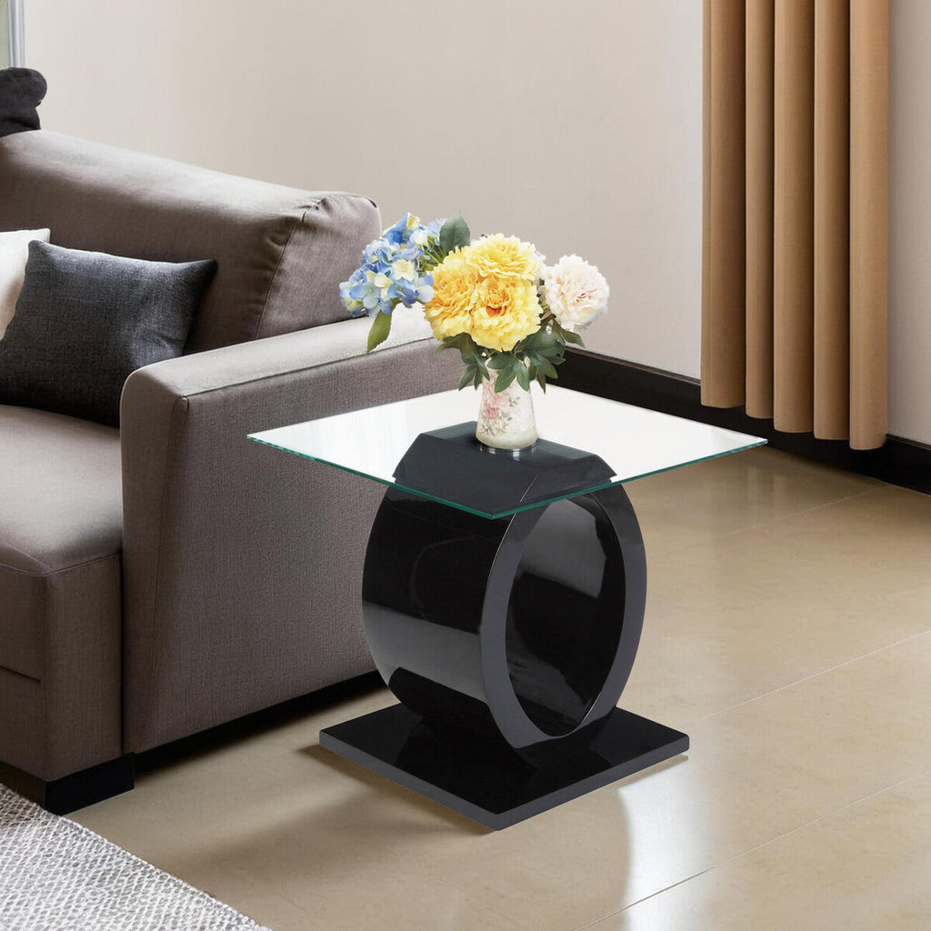 Tempered Glass Top O-Shaped Side Table With Black Base, Halo