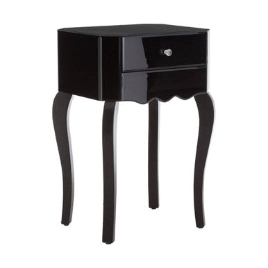 1 Drawer Black Mirrored Glass Top Side Table, Orchid