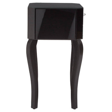 1 Drawer Black Mirrored Glass Top Side Table, Orchid