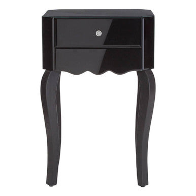 1 Drawer Black Mirrored Glass Top Side Table, Orchid