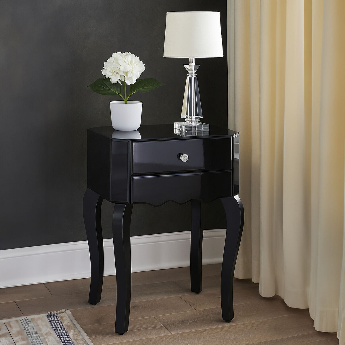 1 Drawer Black Mirrored Glass Top Side Table with MDF Base, Orchid