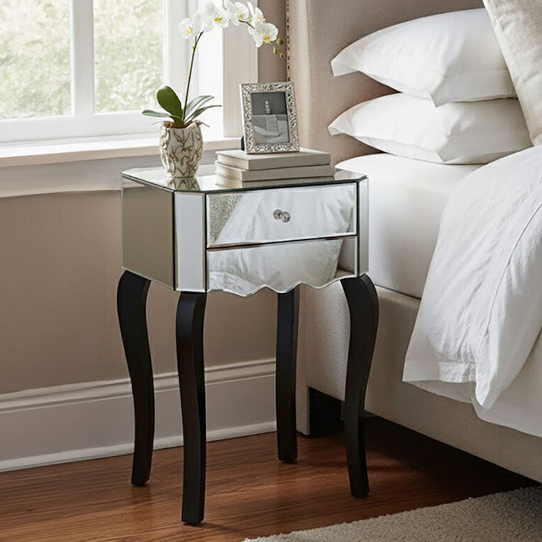 2 Drawer Mirrored Glass Side Top Bedside Table with MDF Base, Orchid