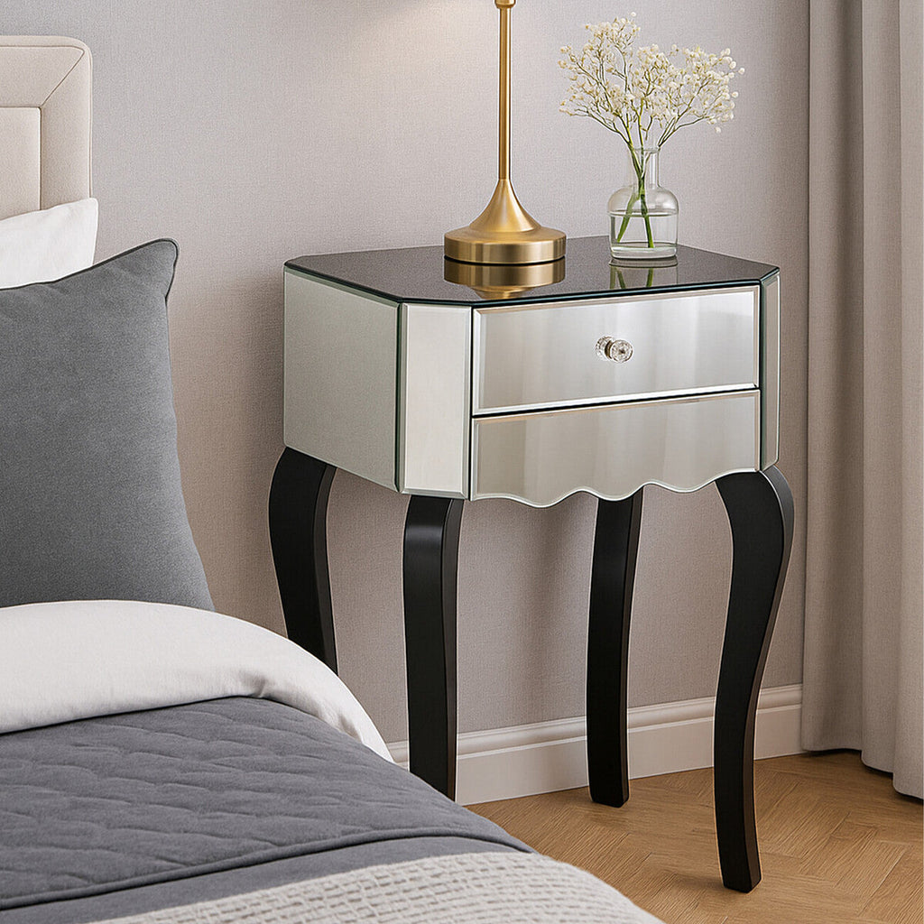 2 Drawer Mirrored Glass Side Top Bedside Table, Orchid