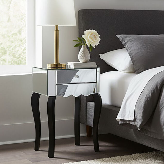 2 Drawer Mirrored Glass Side Top Bedside Table, Orchid